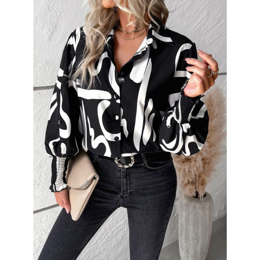 Temperament casual printed lantern sleeve shirt