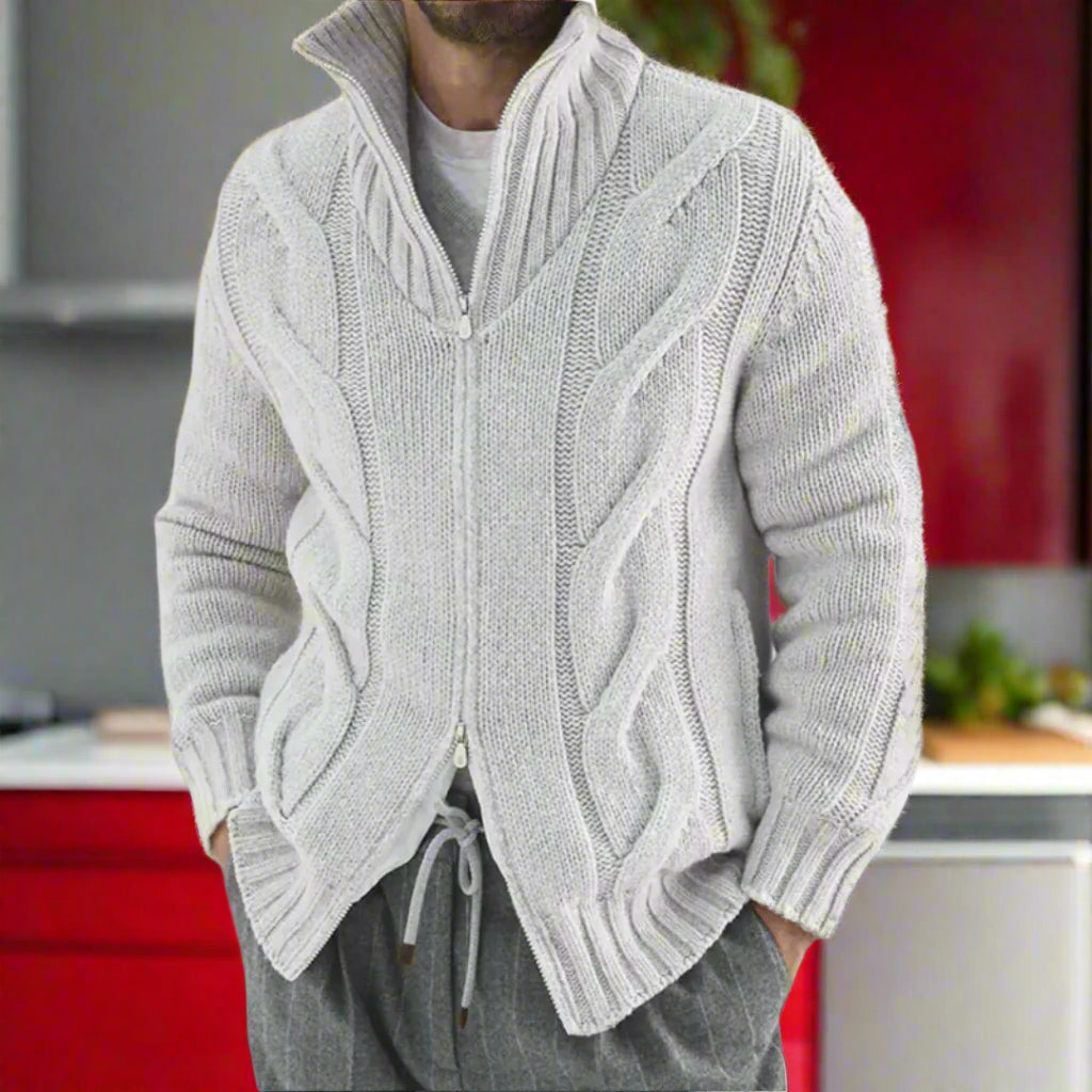 Men's turtleneck cable zipper sweater cardigan