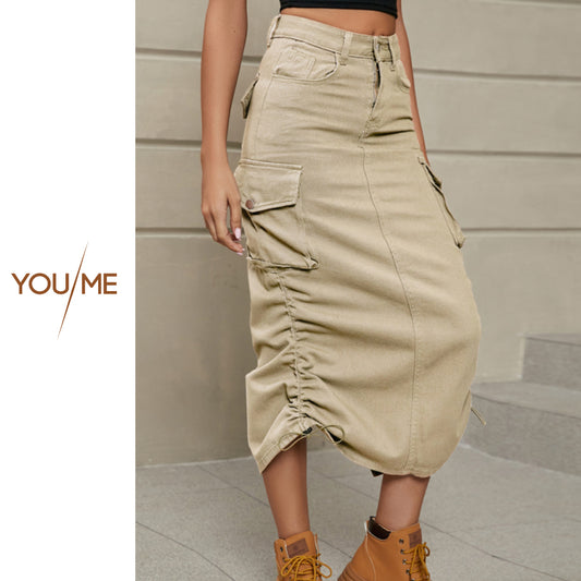 Women's Solid Color Side Drawstring Cargo Skirt