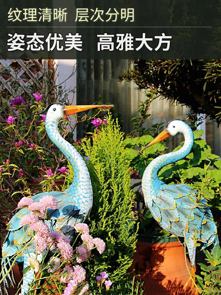 Garden Decoration Outdoor Metal Bird Sculpture Red-Crowned Crane Decor Floor Iron Ornaments Large Simulation Animal Figurines