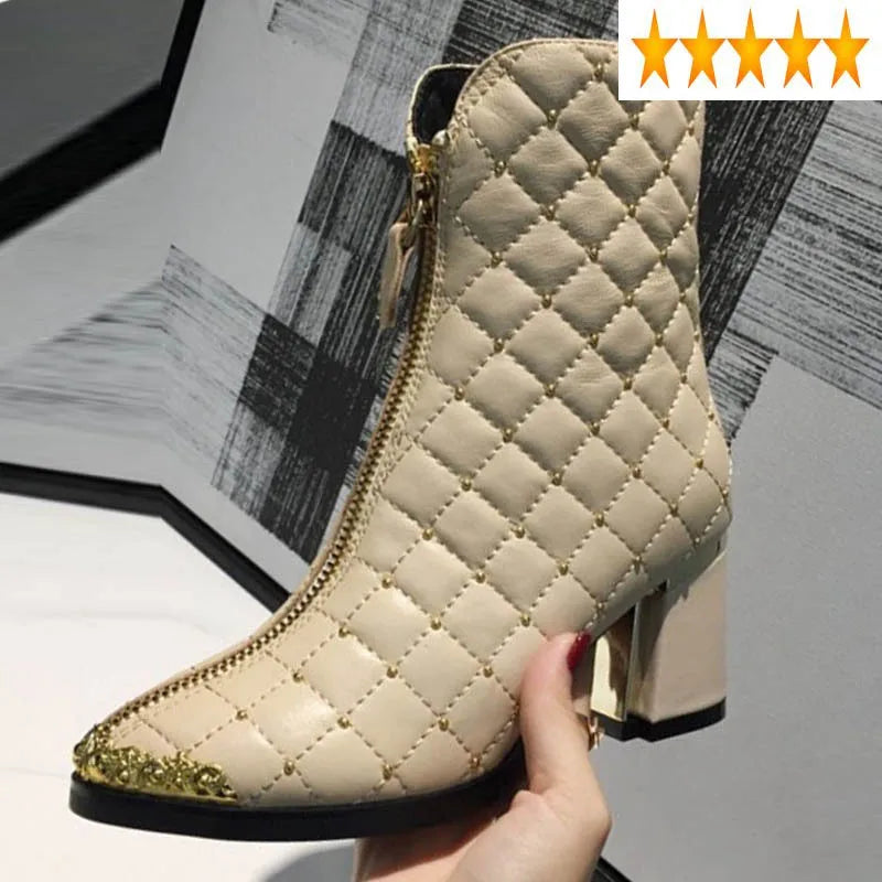 SICCSAEE Genuine Leather Winter Ankle Boots with Square Heel