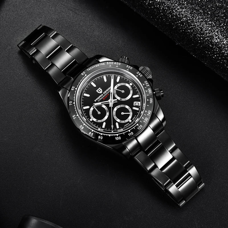 PAGANI DESIGN Black Mens Quartz Watch. Chronograph Sports Waterproof Luminous