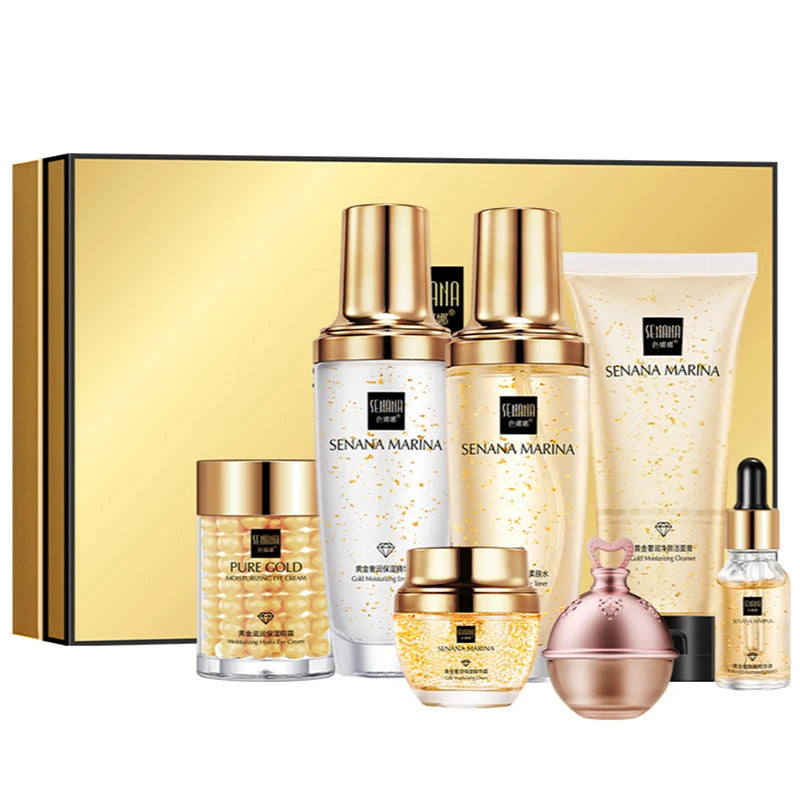 Women 24K Gold Skin Care Set 9PCS With Box Face Toner Essence Cream Nicotinamide Anti-Aging Wrinkles Serum Facial Cleanser Kit