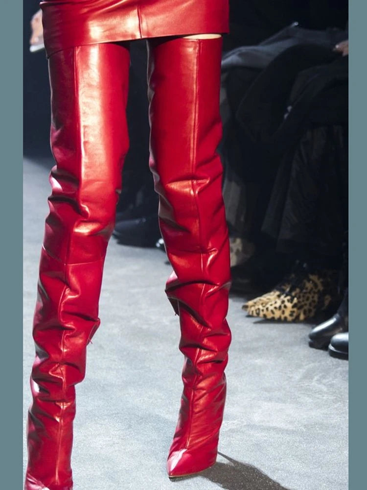 Thigh Hight Women Long Boots Over The Knee Pointy Toe Red Leather Runway Winter Shoes Stiletto High Heel Fashion Warm Boots