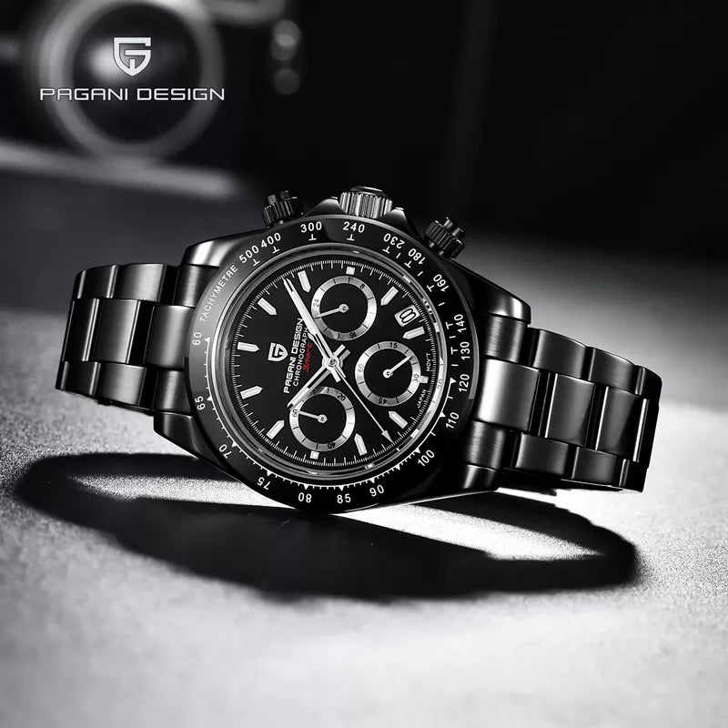 PAGANI DESIGN Black Mens Quartz Watch. Chronograph Sports Waterproof Luminous