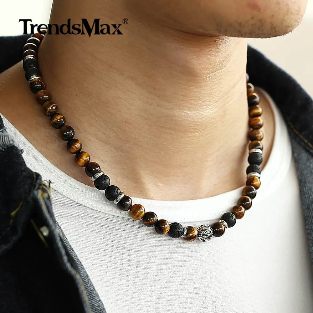 Natural Tiger Eye Stone Lava Bead Necklace - Unisex Stainless Steel Charm Chain