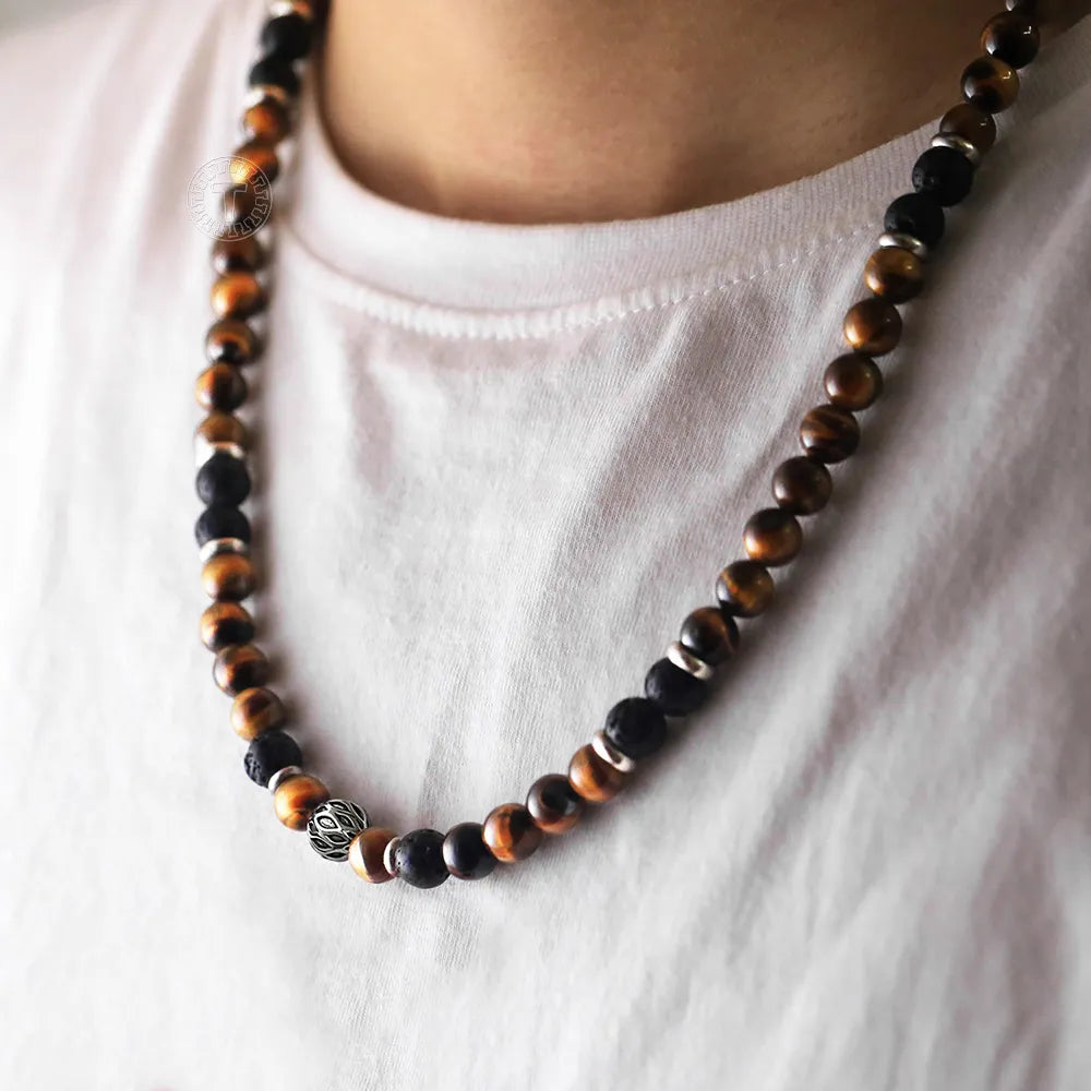 Natural Tiger Eye Stone Lava Bead Necklace - Unisex Stainless Steel Charm Chain