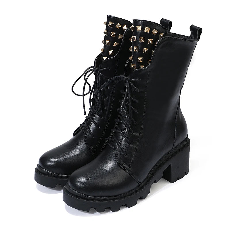 Spring British Cow Leather Round toe Metal Rivets Boots Women Thick Antiskid Chunky Heel zipper Motorcycle Bottines Shoes