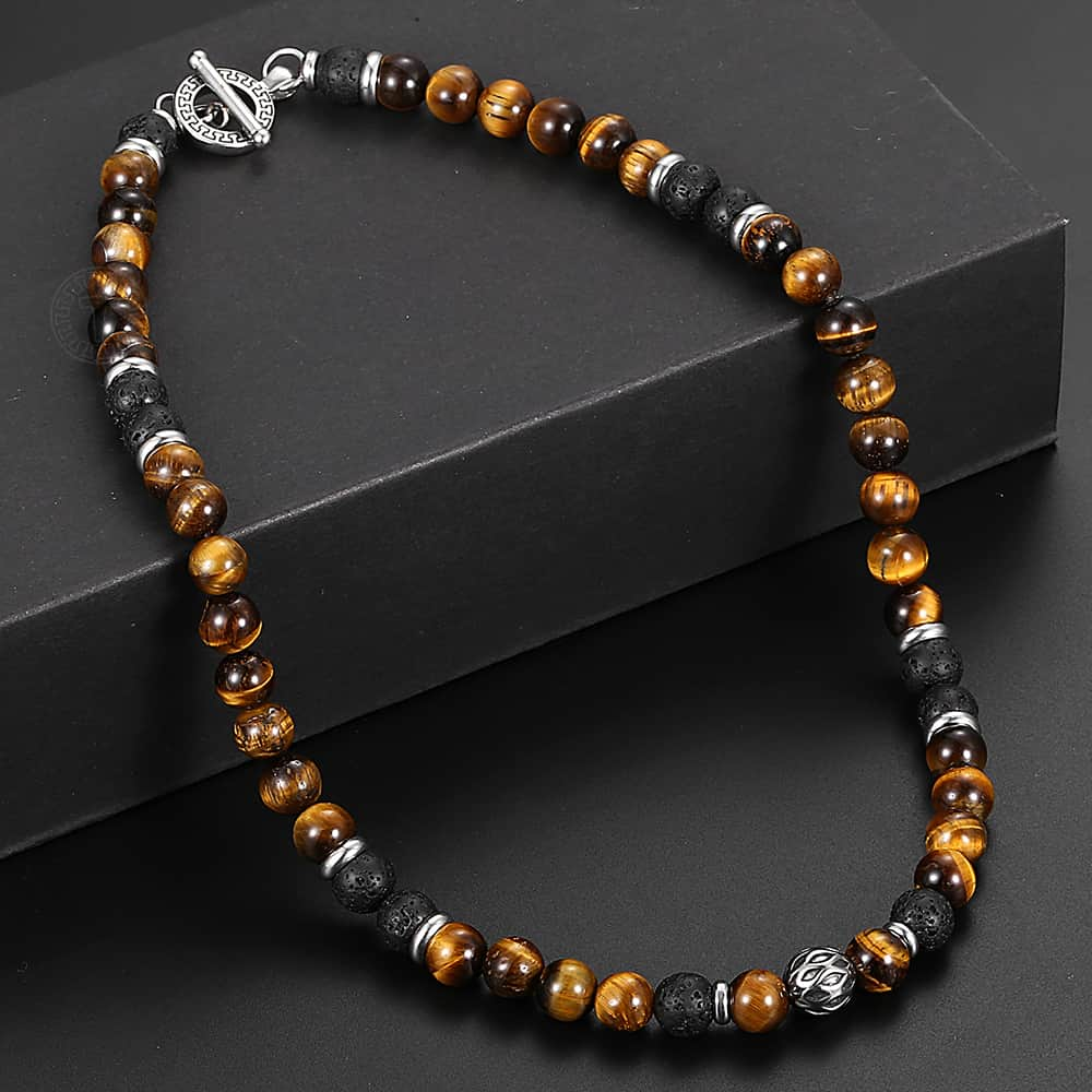 Natural Tiger Eye Stone Lava Bead Necklace - Unisex Stainless Steel Charm Chain