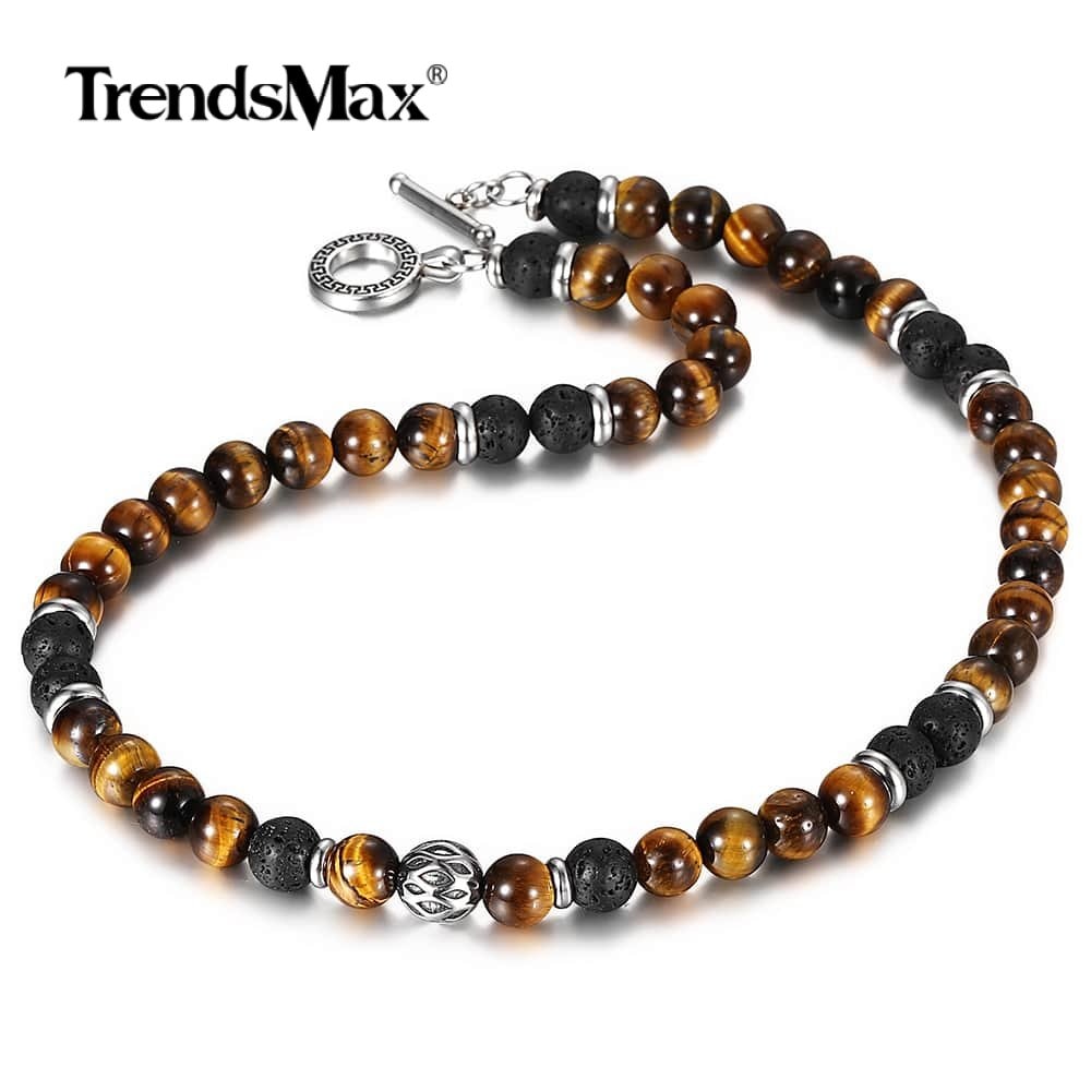 Natural Tiger Eye Stone Lava Bead Necklace - Unisex Stainless Steel Charm Chain