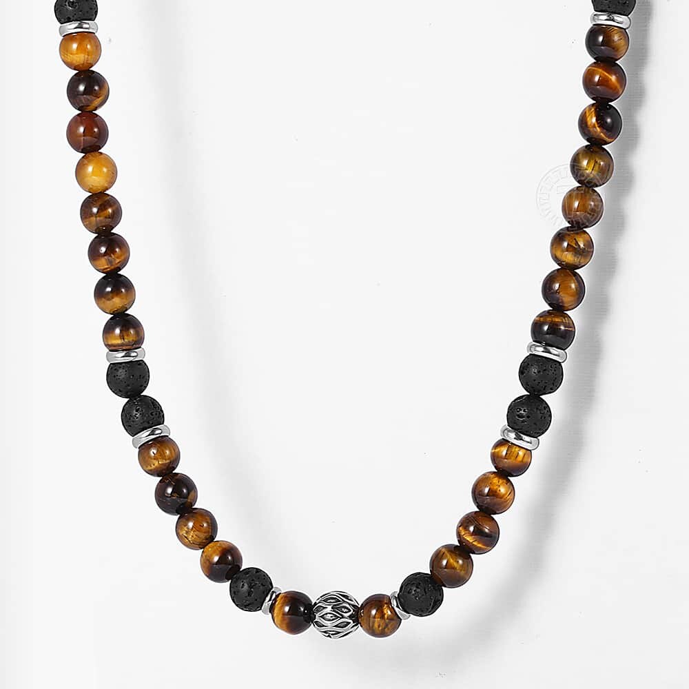 Natural Tiger Eye Stone Lava Bead Necklace - Unisex Stainless Steel Charm Chain