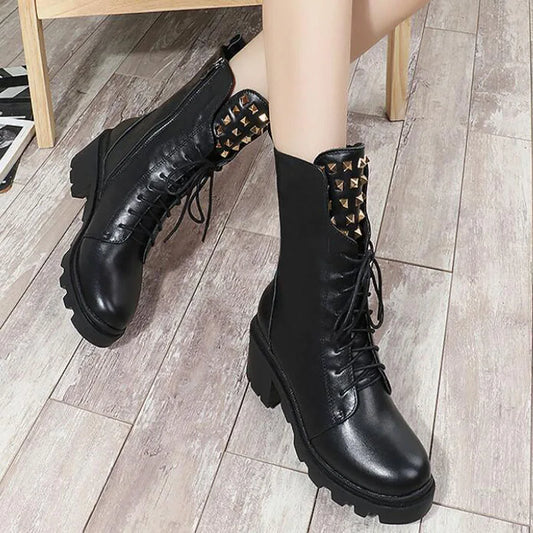 Women's Leather Round Toe Metal Rivet Boots