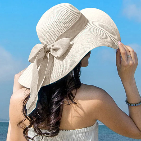 Summer Women Straw Hat Bowknot Wide Brim Floppy Panama Hats Female Lady Outdoor Foldable Beach Sun Protector