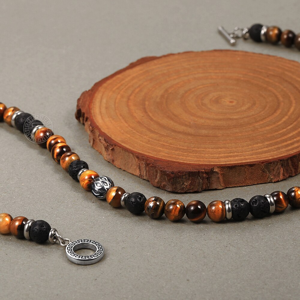 Natural Tiger Eye Stone Lava Bead Necklace - Unisex Stainless Steel Charm Chain