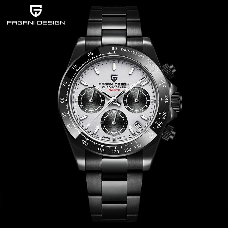 PAGANI DESIGN Black Mens Quartz Watch. Chronograph Sports Waterproof Luminous