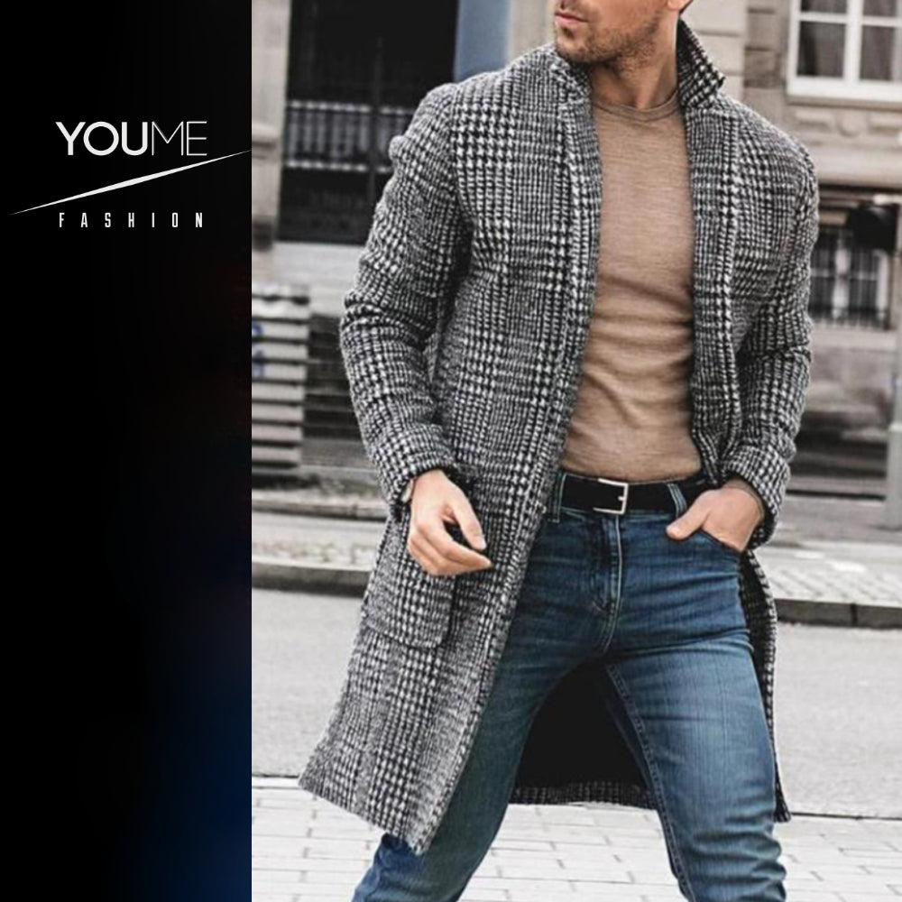 Timeless Elegance: Men's Rustic Houndstooth Youth Woolen Mid-Length Coat