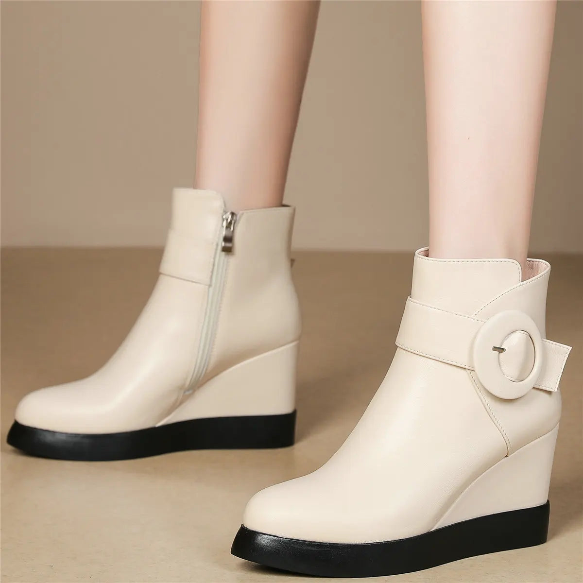 Winter Platform Shoes Women Genuine Leather Wedges High Heel Ankle Boots Female Pointed Toe Fashion Casual Shoes