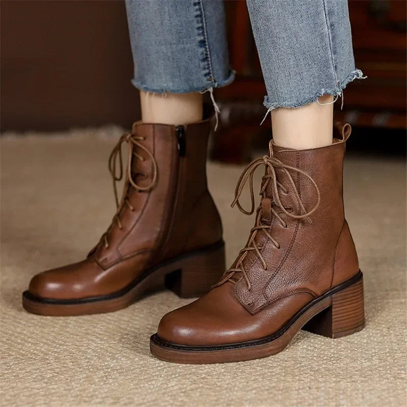 NORBERG Winter Genuine Leather Women Ankle Boots - Round Toe Thick Heel Lace Up