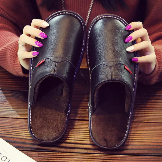 Winter Indoor Warm Wool Anti-Skid Leather Slippers for Men and Women