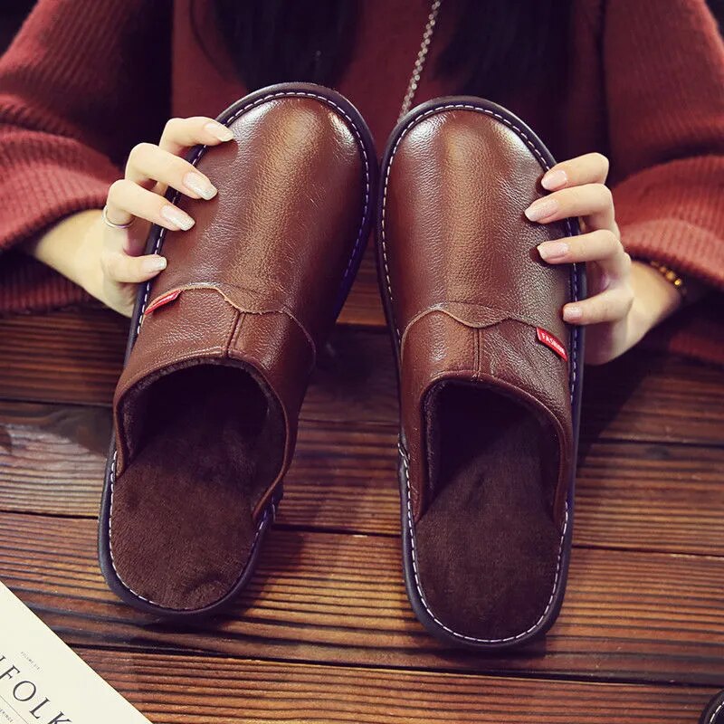 Winter Indoor Warm Wool Anti-Skid Leather Slippers for Men and Women