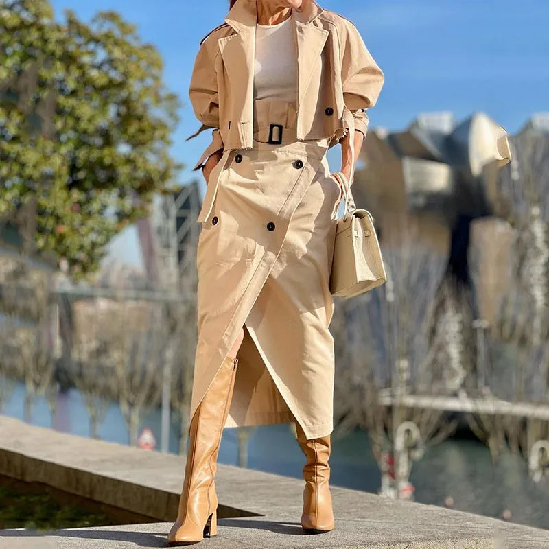 Women's Long-Sleeved Cardigan Turn-down Collar Coat High Waist Split Skirt Suit New Spring Autumn Solid Slim Fit Two-Piece Suit