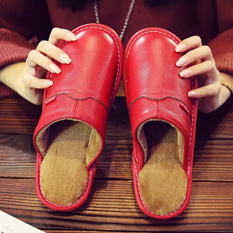 Winter Indoor Warm Wool Anti-Skid Leather Slippers for Men and Women