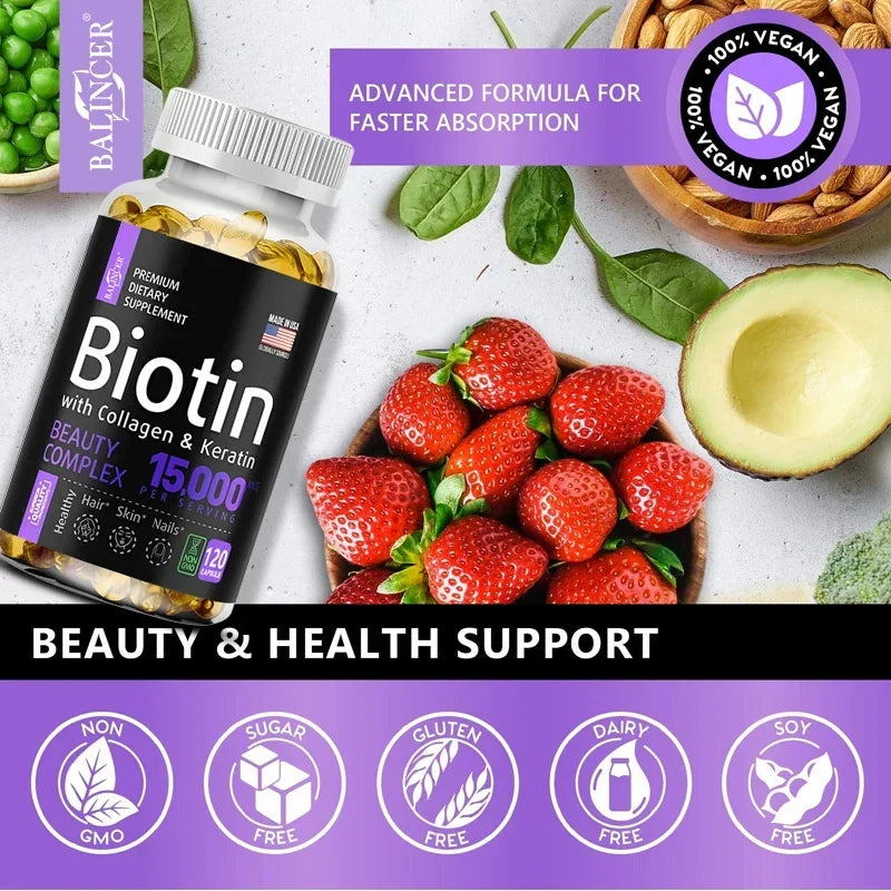 Stronger Hair, Glowing Skin, & Healthy Nails - Balancer Biotin Supplement (Biotin, Collagen, Keratin)