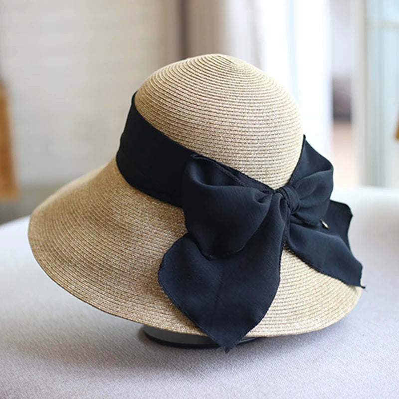 Luna and Dolphin Handmade Women's Summer Sun Hat: Beach Straw Nature Black White Bow Ribbon