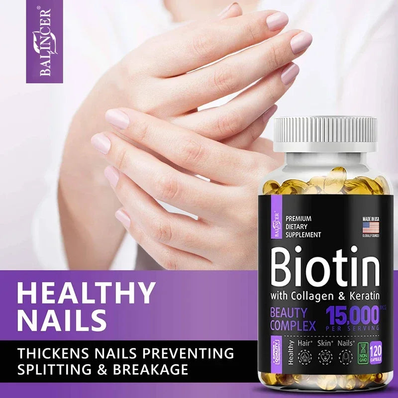 Stronger Hair, Glowing Skin, & Healthy Nails - Balancer Biotin Supplement (Biotin, Collagen, Keratin)