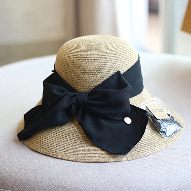 Luna and Dolphin Handmade Women's Summer Sun Hat: Beach Straw Nature Black White Bow Ribbon