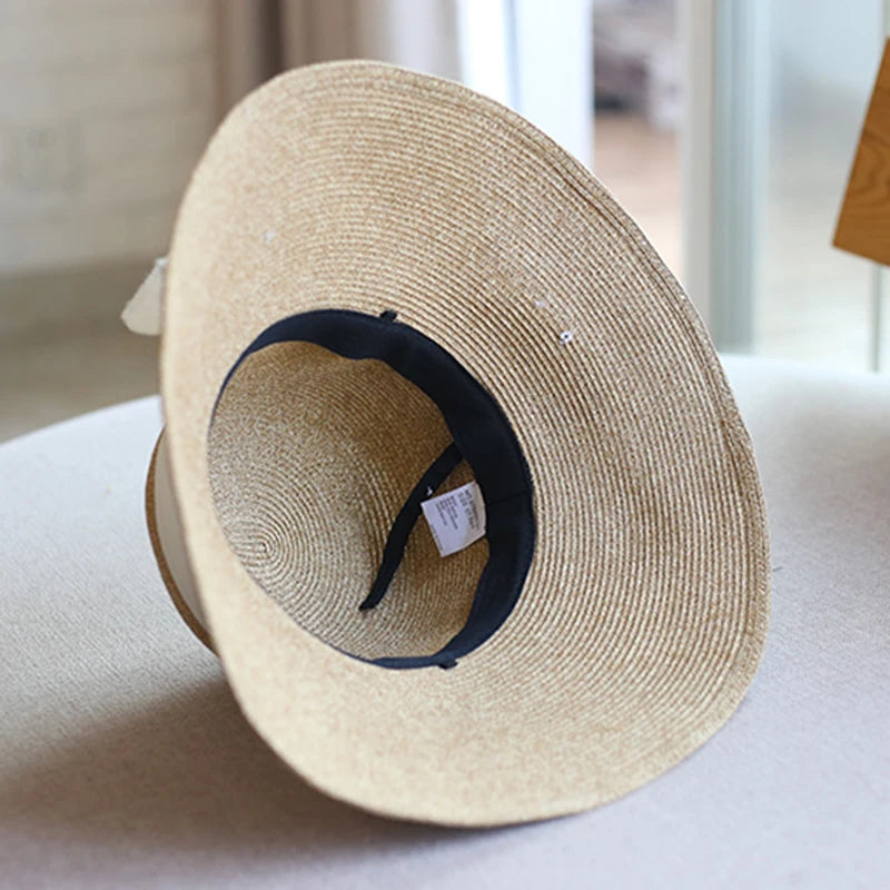 Luna and Dolphin Handmade Women's Summer Sun Hat: Beach Straw Nature Black White Bow Ribbon