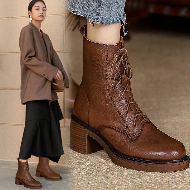 NORBERG Winter Genuine Leather Women Ankle Boots - Round Toe Thick Heel Lace Up