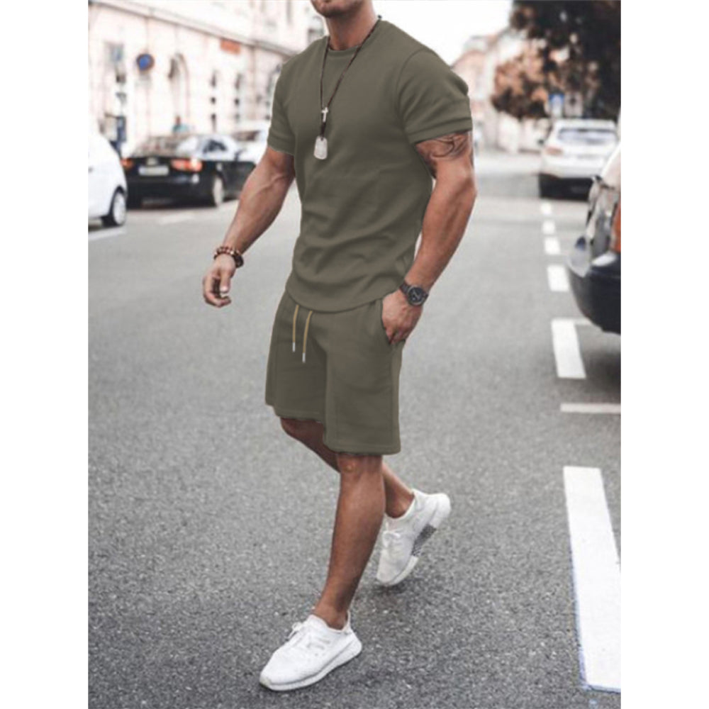 New Men's Casual Solid Color Short Sleeve Shorts Two-Piece Set