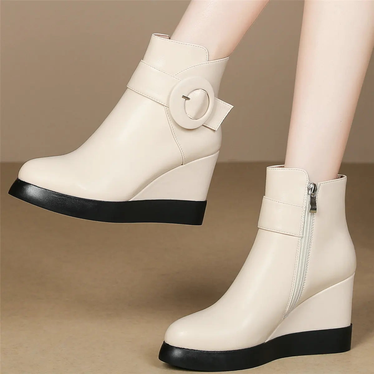 Winter Platform Shoes Women Genuine Leather Wedges High Heel Ankle Boots Female Pointed Toe Fashion Casual Shoes