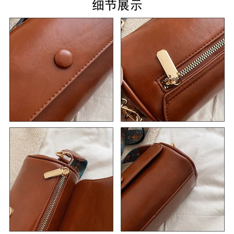 Vintage Barrel-shaped PU Leather Handbag with Lock Decoration