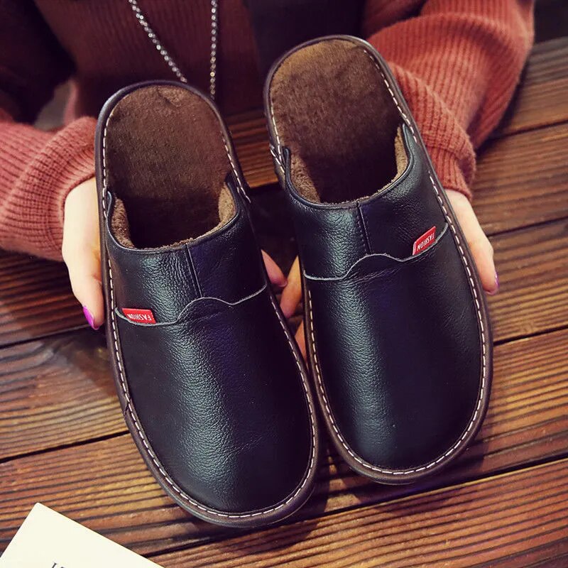 Winter Indoor Warm Wool Anti-Skid Leather Slippers for Men and Women