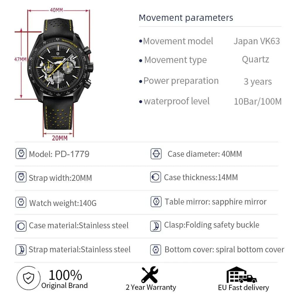 PAGANI DESIGN Skeletons Moon Men's Luxury Quartz Watch Men Sport Speed Chronograph VK63 Waterproof Wristwatch