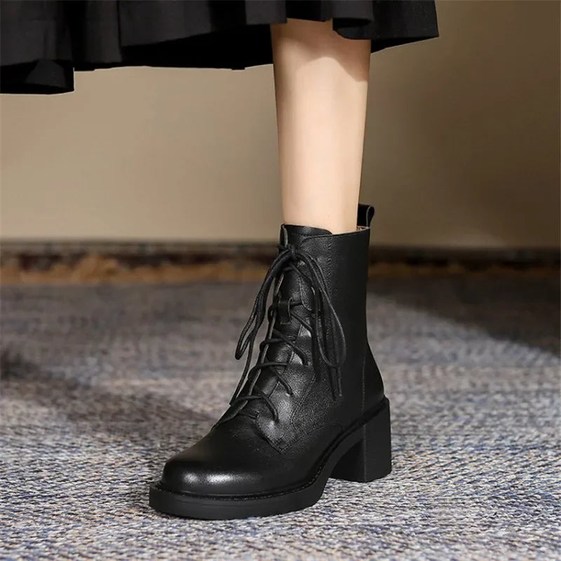 NORBERG Winter Genuine Leather Women Ankle Boots - Round Toe Thick Heel Lace Up