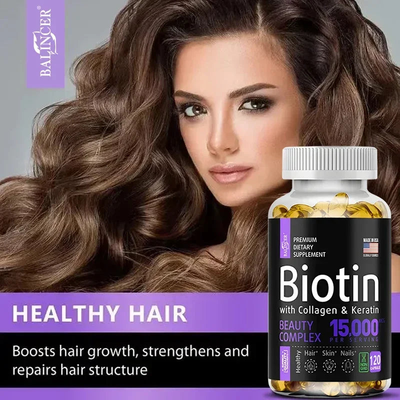 Stronger Hair, Glowing Skin, & Healthy Nails - Balancer Biotin Supplement (Biotin, Collagen, Keratin)