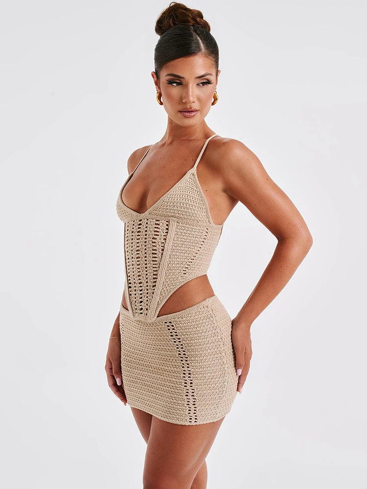 Mozision Sexy Two-Piece Knit Skirt Set - Backless Lace Up Crop Top and Mini Skirt for Women