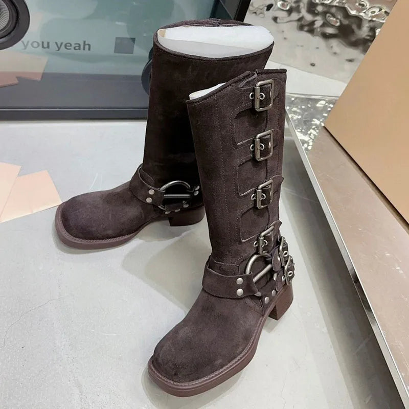 Retro Quality Leather Chunky Heel Mid Calf Boots for Women