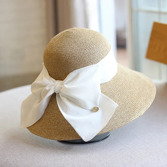 Luna and Dolphin Handmade Women's Summer Sun Hat: Beach Straw Nature Black White Bow Ribbon