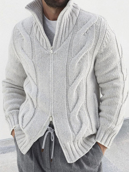 Men's turtleneck cable zipper sweater cardigan