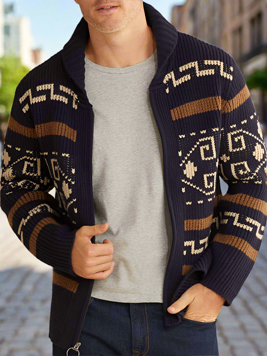 Men's casual lapel jacquard knitted jacket