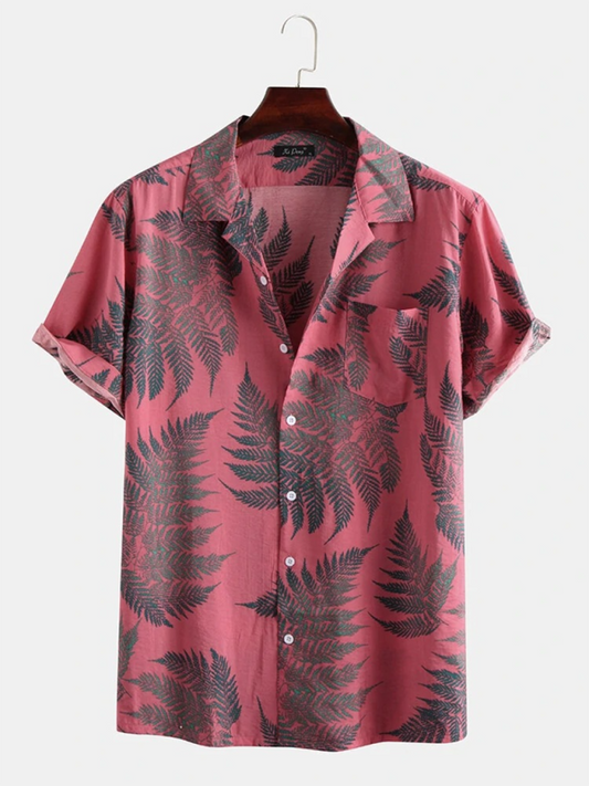 Men's Casual Loose Beach Wear Maple Leaf Print Short Sleeve Shirt