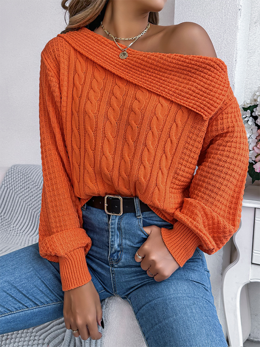 Off-shoulder Lapel Cable Long Sleeve Pullover