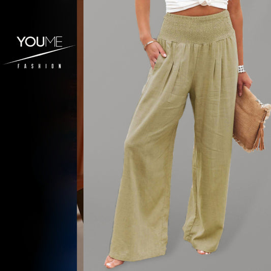 Women's casual wide-leg slub cotton loose trousers