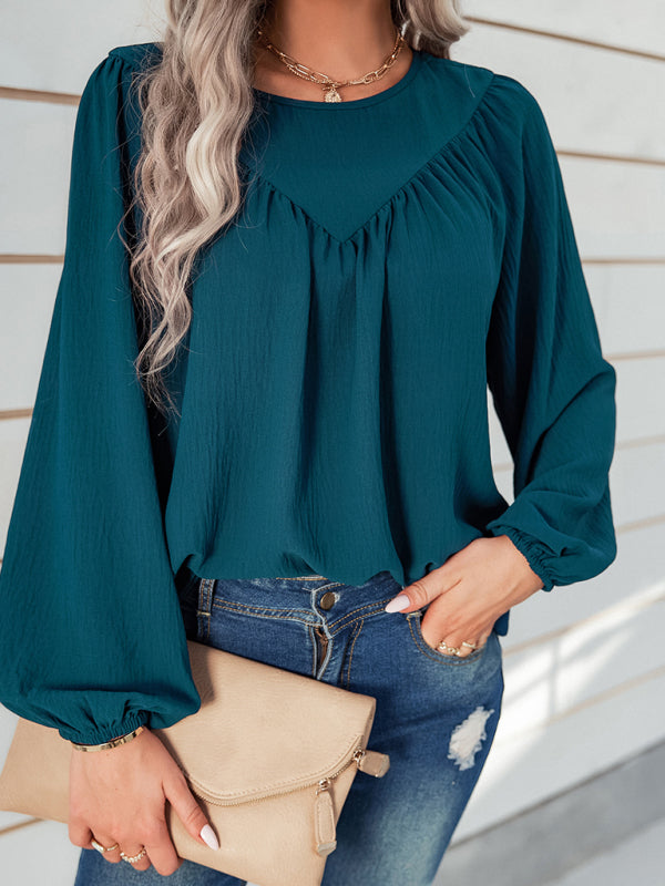 Women's casual loose round neck solid color pullover shirt