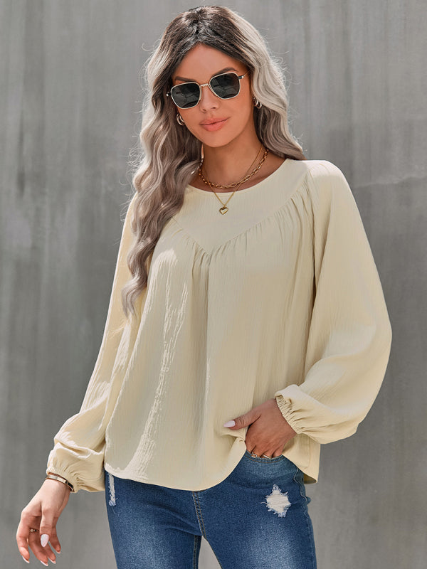 Women's casual loose round neck solid color pullover shirt