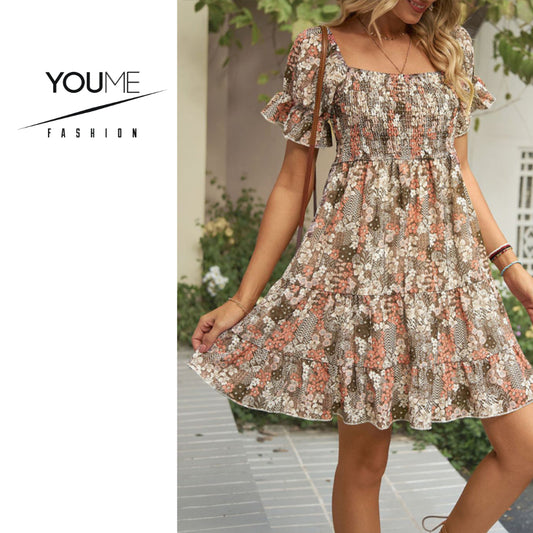 Women's Square Neck Floral Print Chiffon Short Sleeve Dress